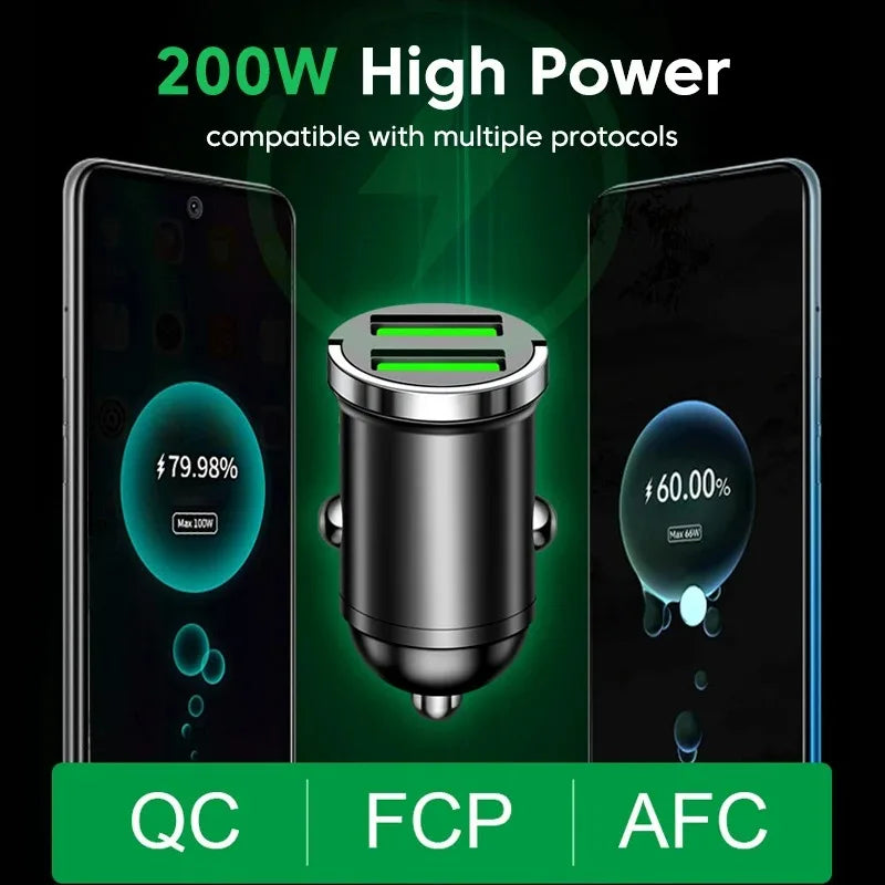 200W USB Car Fast Charger PD USB Quick Charger 3.0 USB Type C Fast Charging Phones Adapter For iphone Xiaomi 17 15 Samsung VIVO